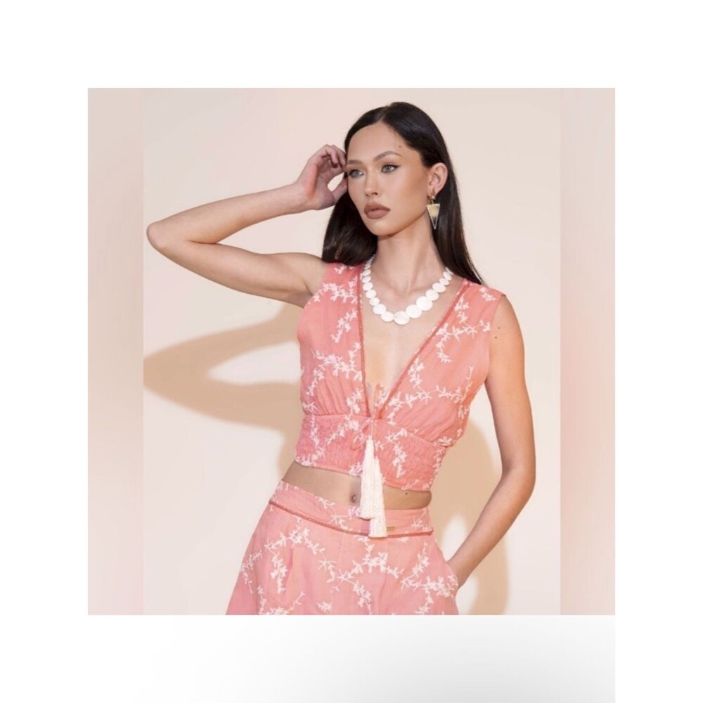 Pho Firenze Coral Embroidered Tassel Crop Top